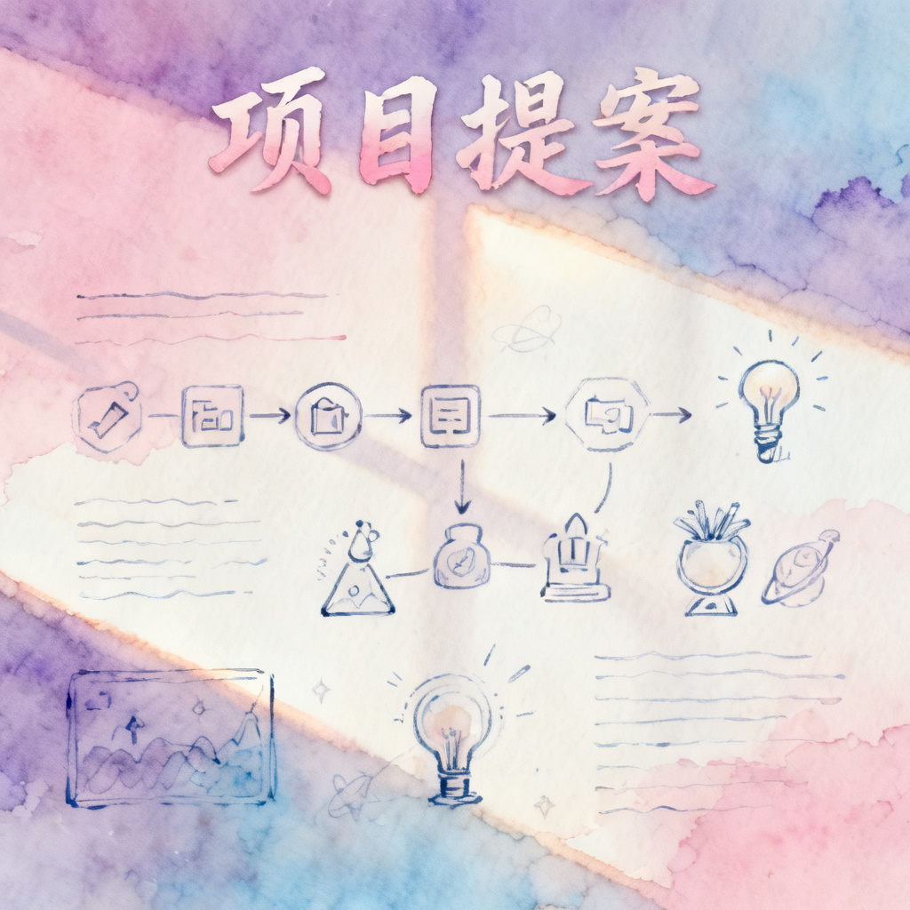 梦幻水彩风格项目提案，渐变色彩与手绘插图，柔和光影
