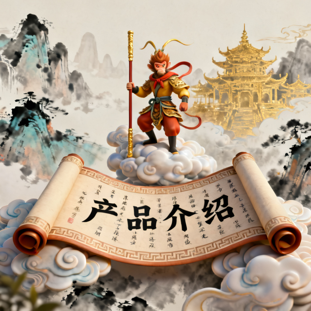 3D西游记风格的产品介绍页，孙悟空手持金箍棒立于云端，背景是水墨山水与仙宫轮廓，文字以传统卷轴样式呈现，色彩饱和且具有立体感