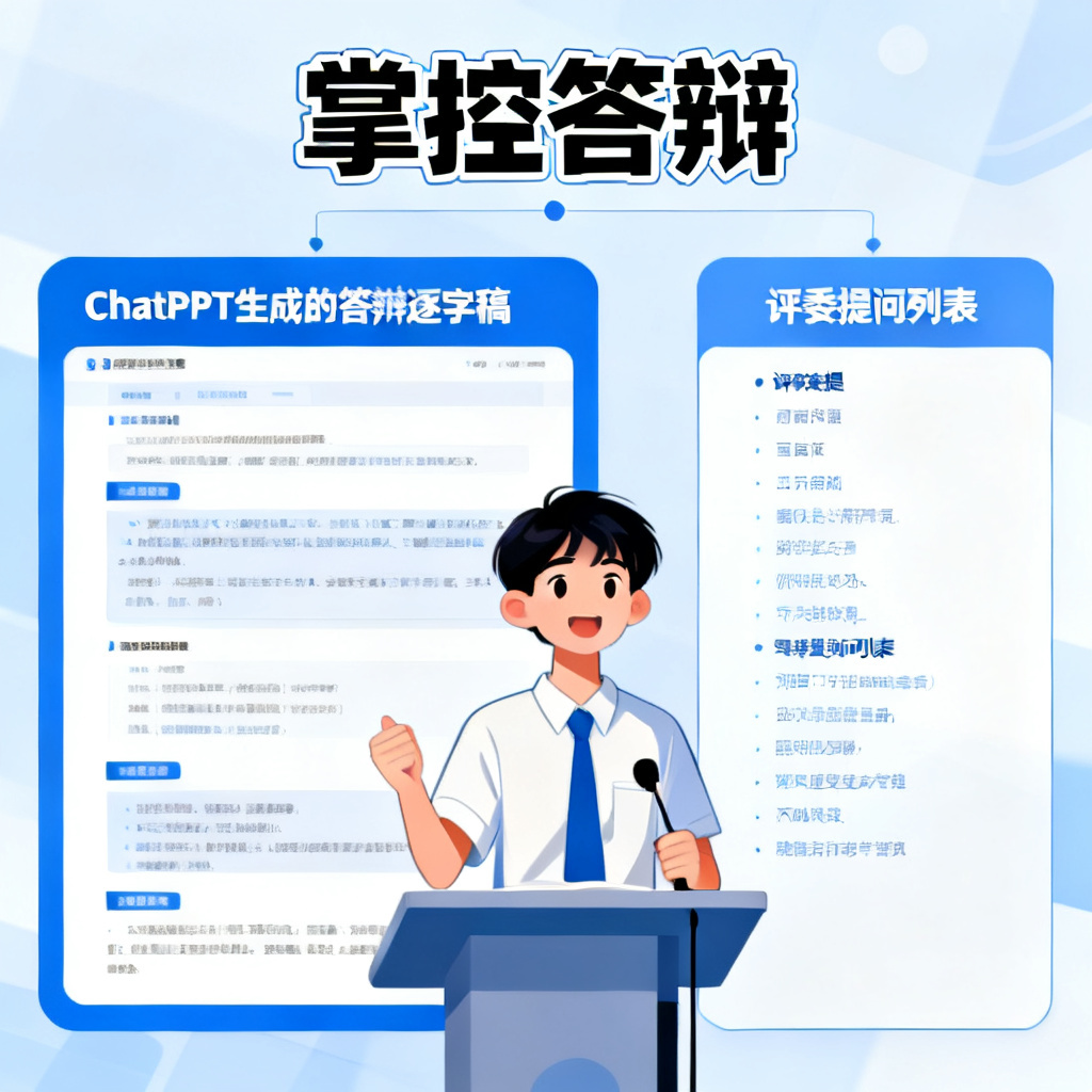 一张模拟答辩场景的示意图，左侧是ChatPPT生成的答辩逐字稿页面，右侧是评委提问列表，中间有一个学生正在自信地演讲，强调“掌控答辩”的主题
