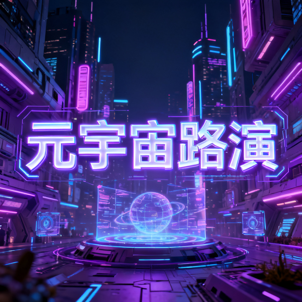 一个赛博朋克风格的元宇宙路演PPT封面，包含霓虹灯、全息投影、未来城市背景，色调以紫蓝为主，细节丰富，文字标题为“元宇宙路演”，字体带有科技感发光效果