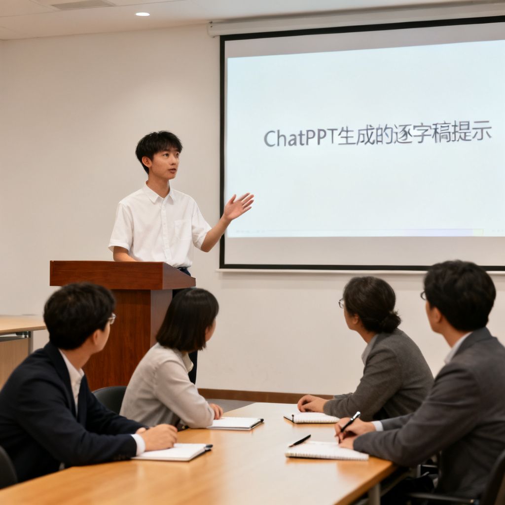 一位学生自信地在答辩台上演讲,身后PPT显示ChatPPT生成的逐字稿提示,评委们专注聆听