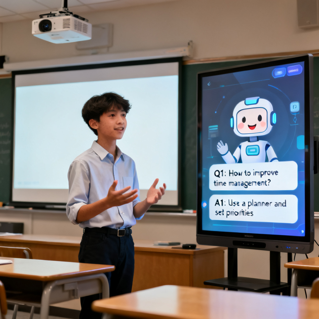 A student confidently presenting a presentation with a virtual AI assistant showing Q&A prompts on a secondary screen