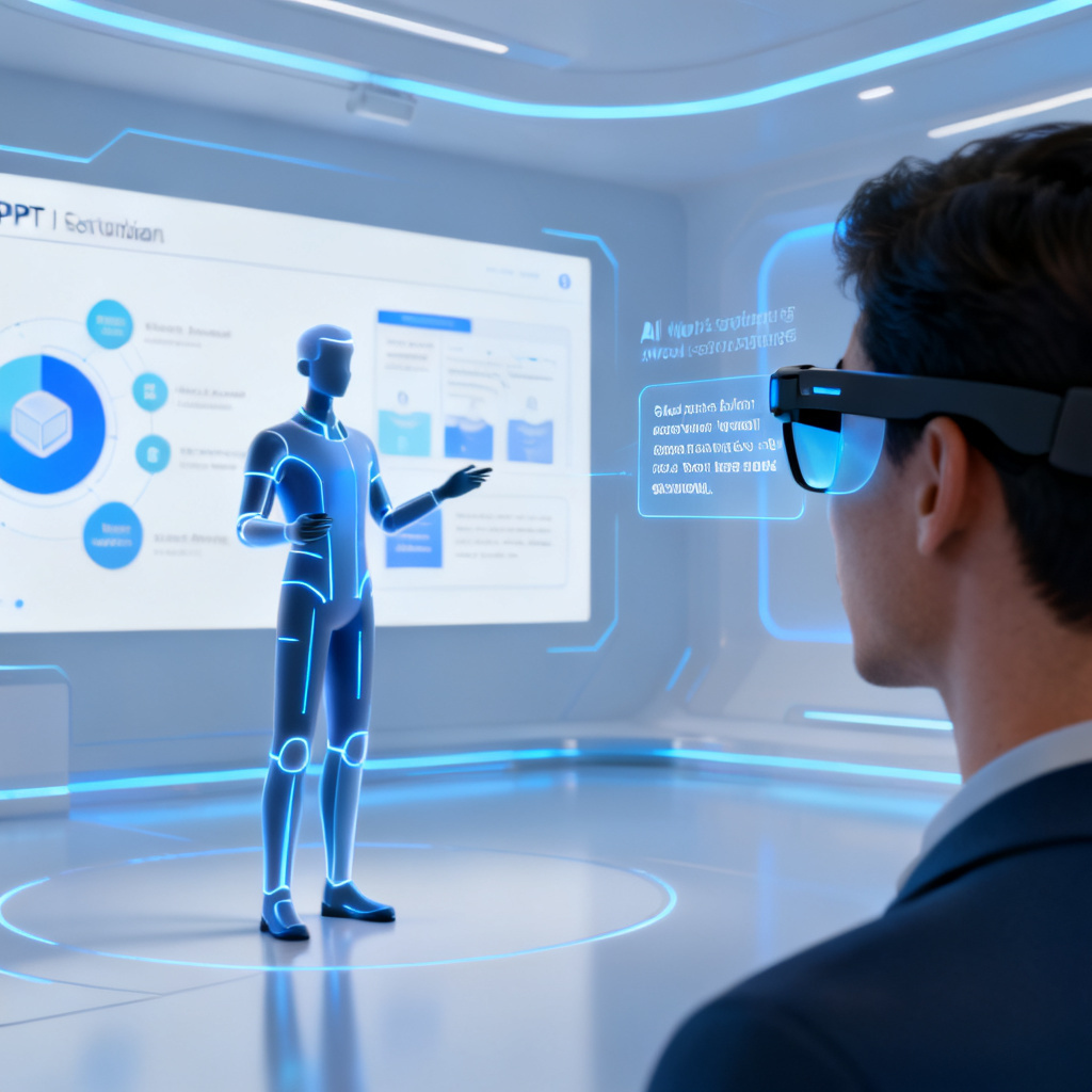 A scene showing a digital human avatar presenting a PPT with AI voice narration, while a user wears smart glasses displaying the speech script as a teleprompter.