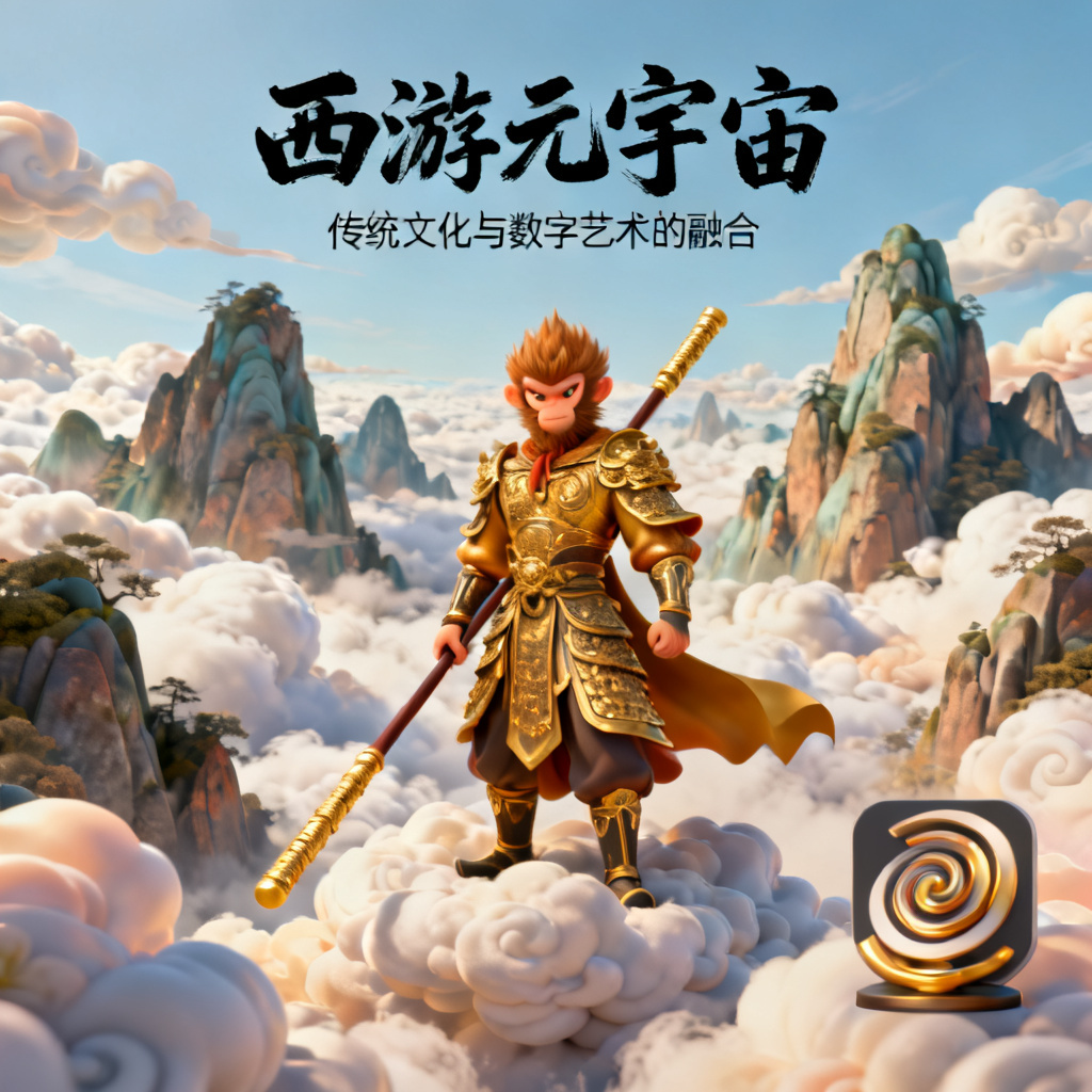3D西游记风格演示页面,背景为云海与仙山,孙悟空身穿金甲,手持金箍棒,站在云端,页面标题使用书法字体“西游元宇宙”,副标题为“传统文化与数字艺术的融合”,页面右下角有一个旋转的3D金箍棒图标,整体视觉呈现3D卡通渲染风格,色彩鲜艳,光影丰富,细节精致