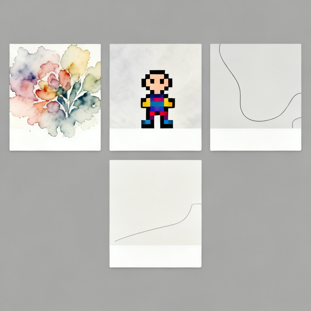 Multiple slides of a presentation, each in a different art style (watercolor, pixel art, minimalist), arranged in a grid, showcasing batch generation