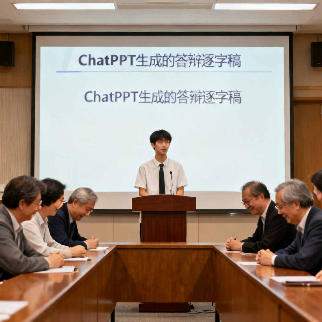 一个学生在答辩台上演讲，背后屏幕显示ChatPPT生成的答辩逐字稿，评委席上教授们正在点头