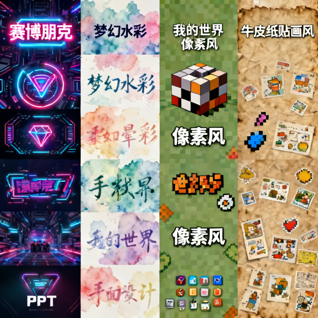 一组展示ChatPPT支持的不同风格对比图：从左到右依次为赛博朋克、梦幻水彩、我的世界像素风、牛皮纸贴画风，每个风格下都有一张完整PPT页面示例