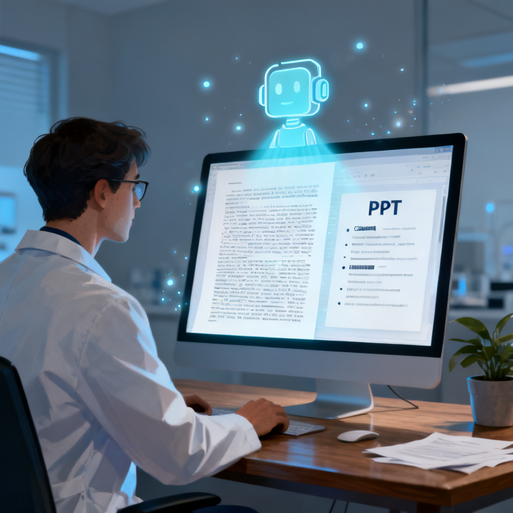 A researcher looking at a long document on a computer screen, with a glowing AI icon transforming it into a clean PPT outline.
