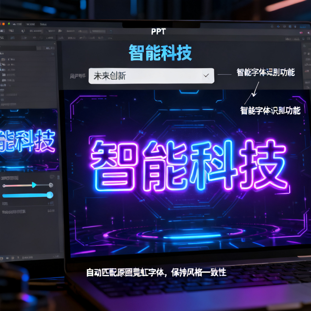 智能字体识别功能演示，用户修改页面中的标题文字，AI自动匹配原图的发光霓虹字体样式，修改后的文字与整页PPT风格一致，无需手动调整