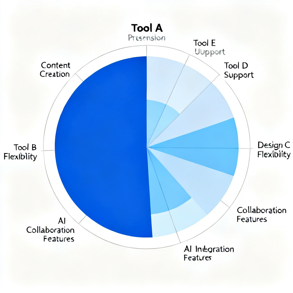 A dynamic radar chart comparing six dimensions of five AI presentation tools, with one tool showing an overwhelmingly complete coverage area in deep blue, other four tools showing partial coverage in lighter colors, clean infographic style, white background, precise data labels, professional business aesthetic