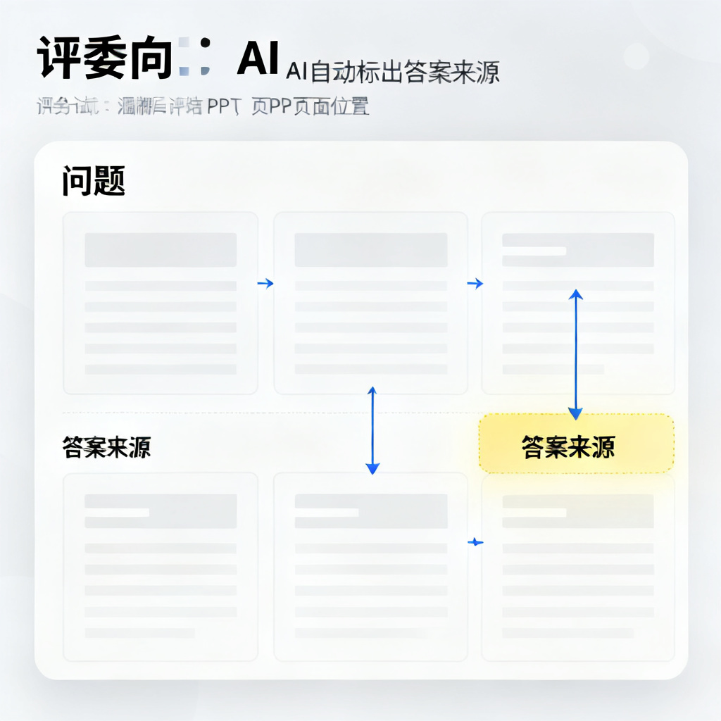 一个评委向AI提问，AI自动标出答案来源的PPT页面，页面显示高亮标记与溯源箭头，风格为简洁商务信息图