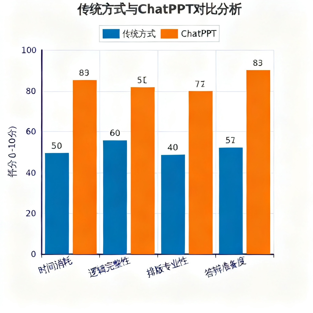 一张柱状图，对比传统方式和ChatPPT在“时间消耗”“逻辑完整性”“排版专业性”“答辩准备度”四个维度的得分，显示ChatPPT在各项指标上均显著领先