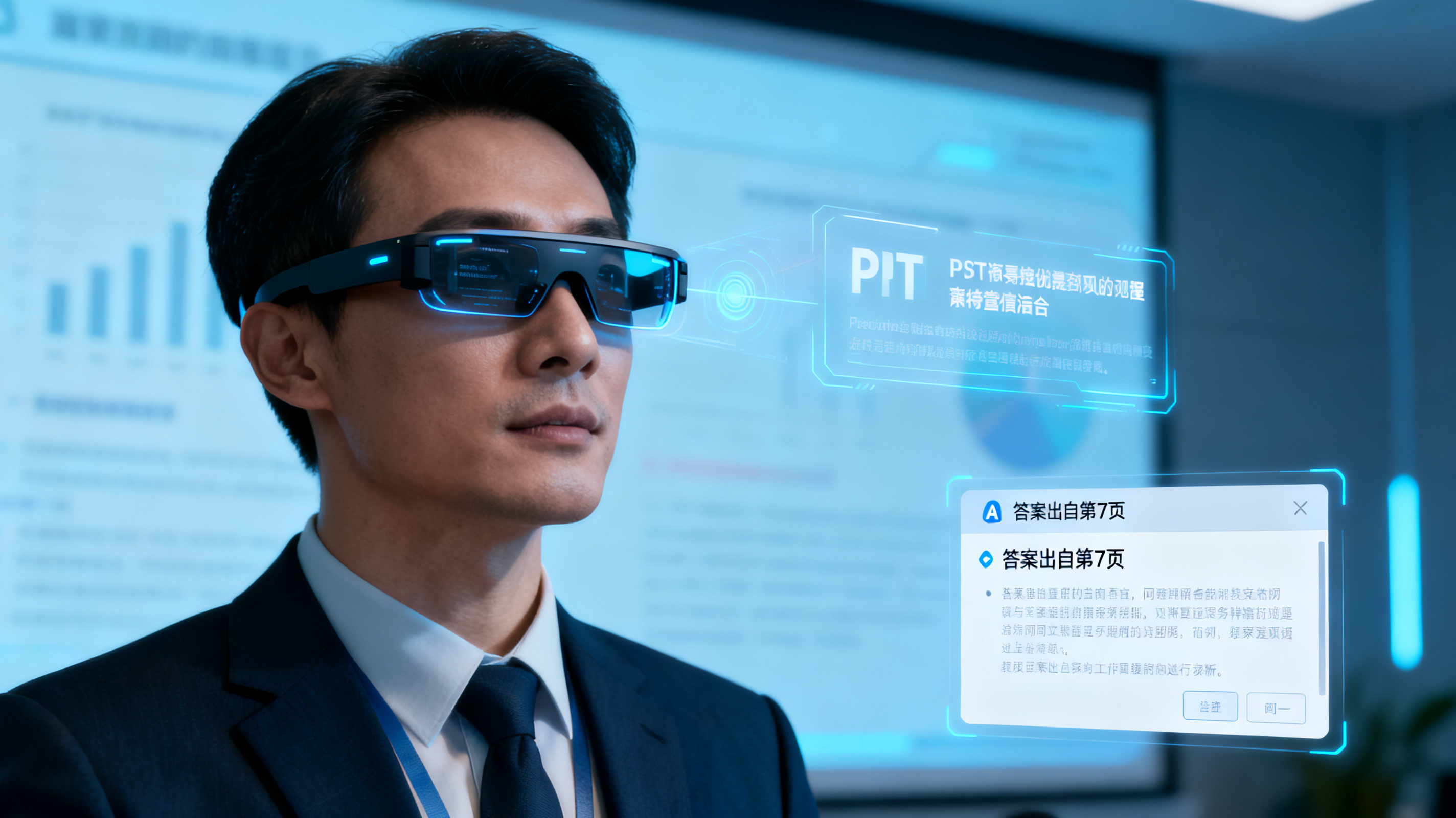 投资人戴 AR 眼镜看路演,眼前浮现提词和 PPT,AI 问答窗口标记“答案出自第 7 页”,未来商务感
