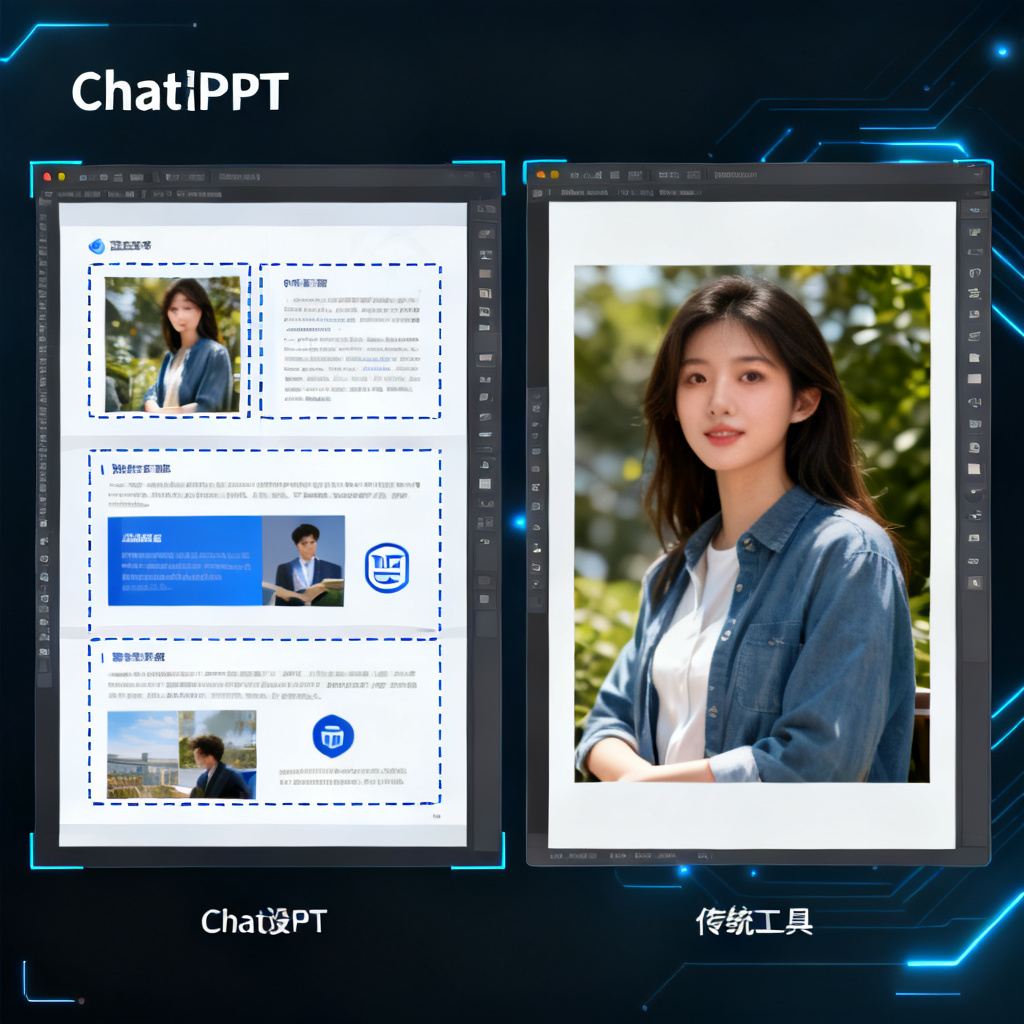 一张对比图，左侧是ChatPPT生成的页面，文字、图片、图标被虚线框选，显示为独立图层；右侧是传统工具生成的页面，显示为一张完整的图片，无分离选项