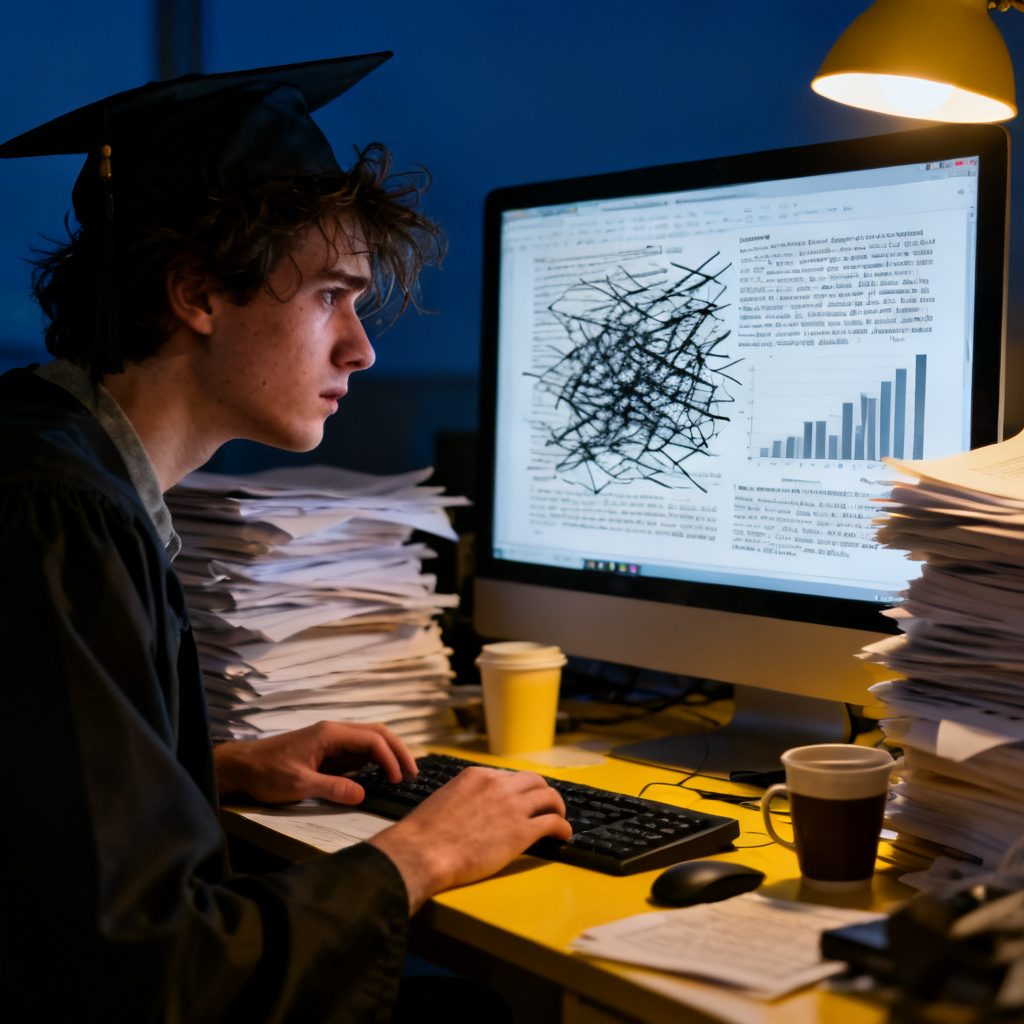 A frustrated graduate student sitting in front of a computer at midnight, surrounded by stacks of printed papers, staring at a chaotic slide full of text and misaligned charts.