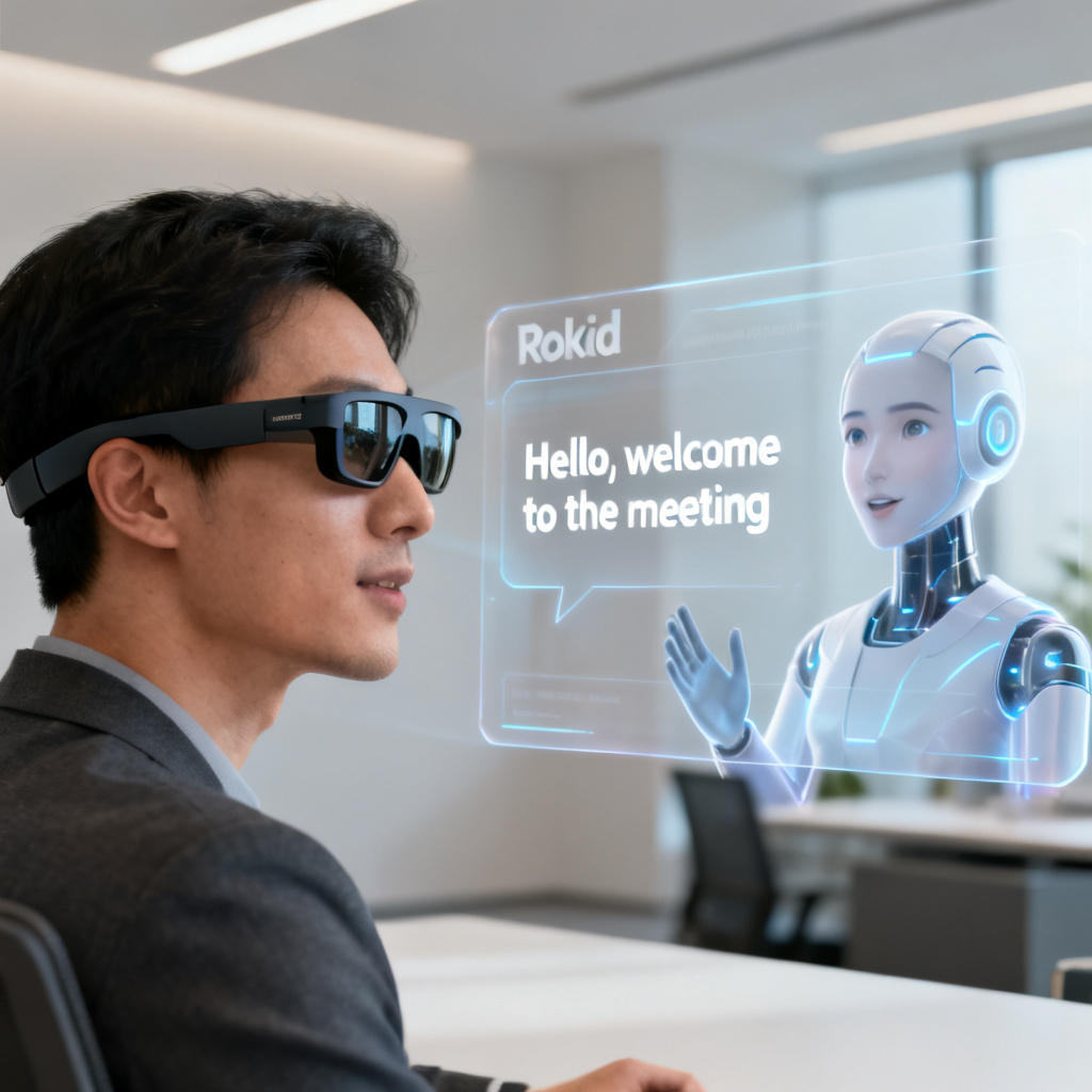 A user wearing smart glasses (Rokid) with a transparent teleprompter overlay showing speech text, while a digital AI avatar mirrors the speech. Background is a minimalist office. Style: futuristic, realistic, 4K.