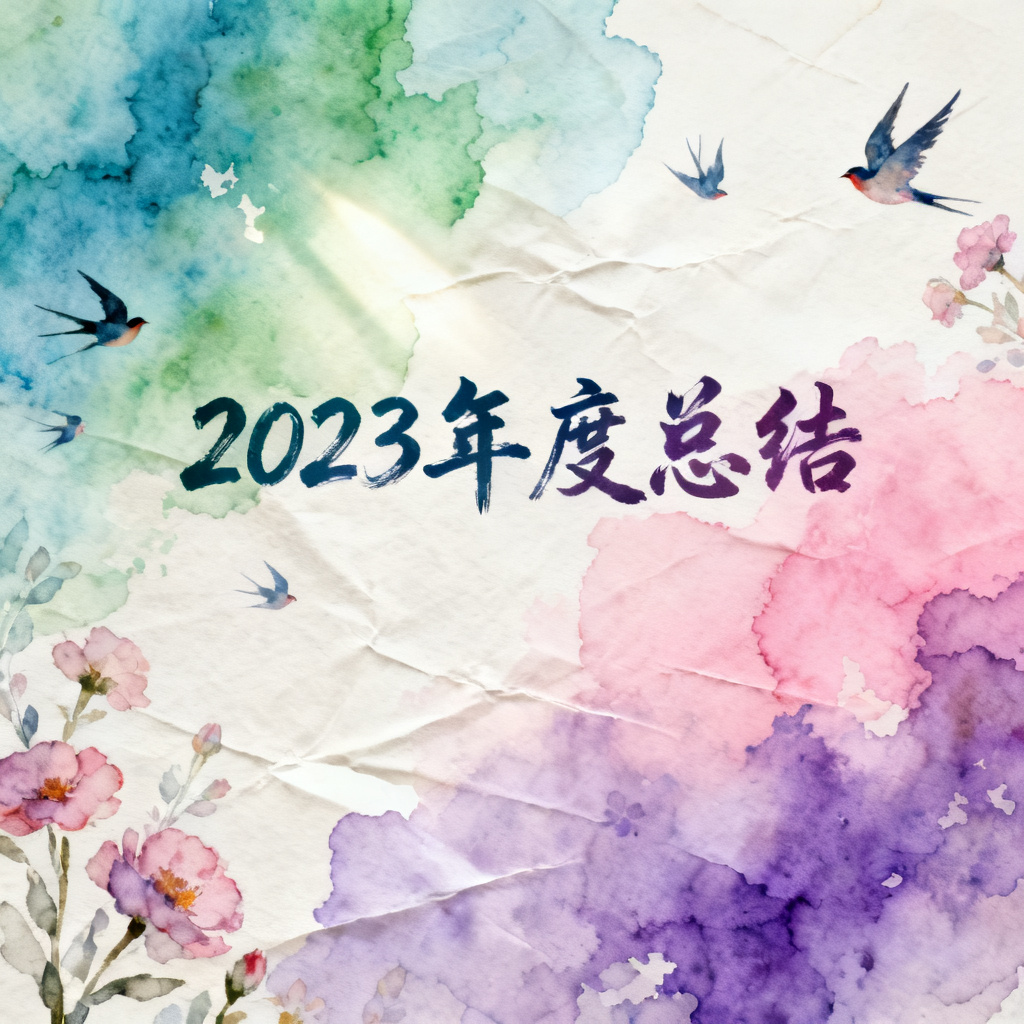 梦幻水彩风年度总结报告首页，背景为渐变水彩晕染效果（蓝绿到粉紫），中央是手写体标题，点缀有飞鸟与花朵的水彩元素，柔和自然光感，纸张纹理叠加