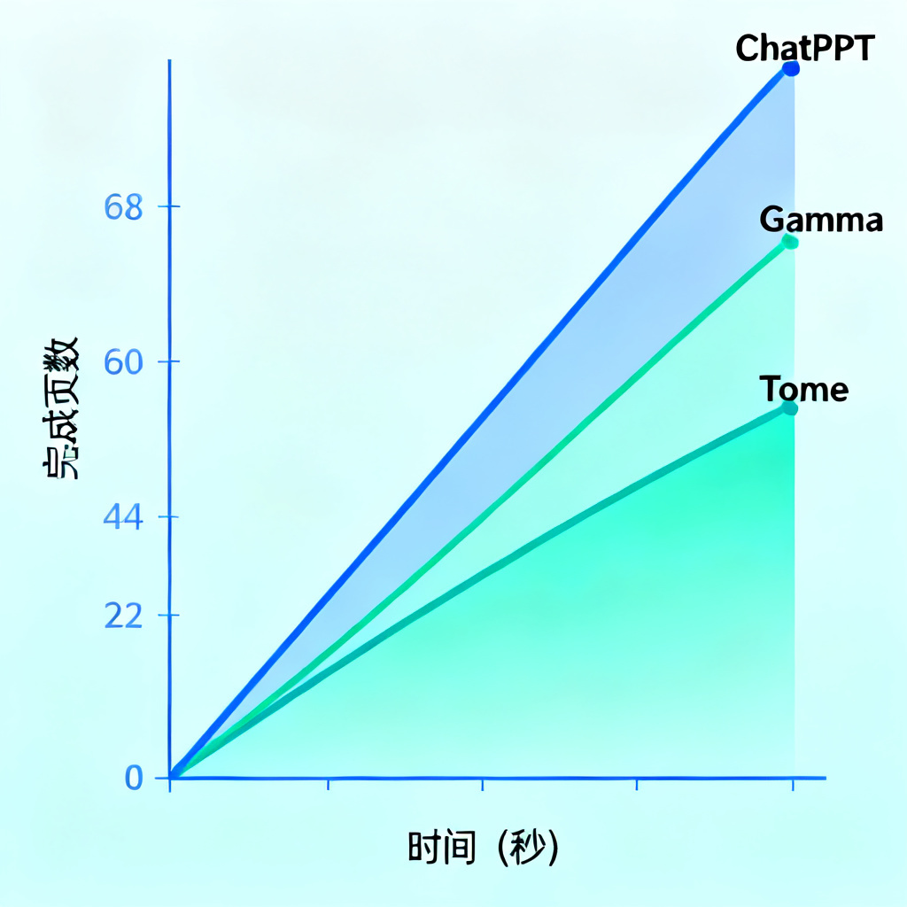 一张数据对比图，横轴为时间（秒），纵轴为完成页数，ChatPPT的曲线斜率明显高于Gamma和Tome