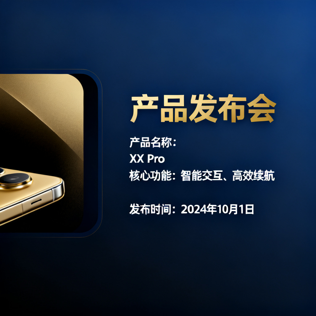 一份产品发布会PPT页面，深蓝色背景，金色标题文字，白色正文，页面布局简洁，包含产品图片和文字说明