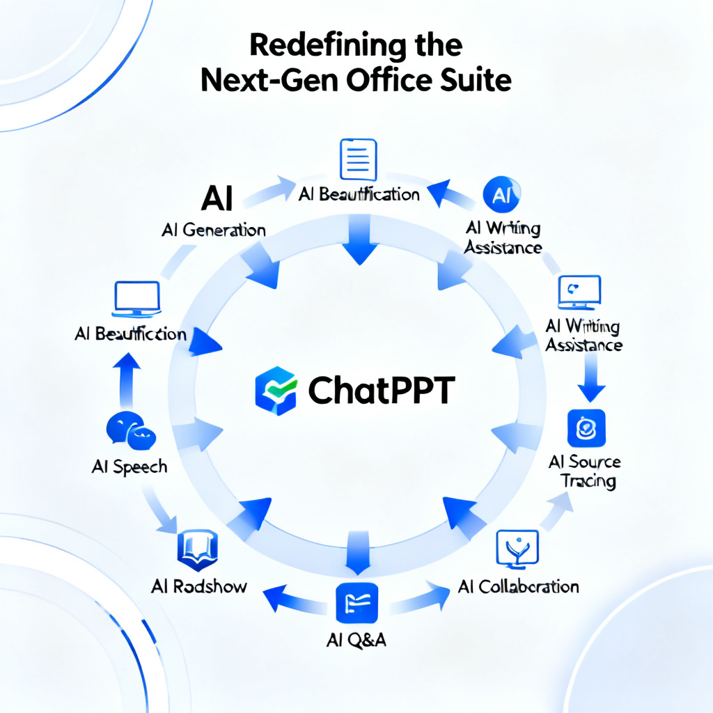 A comprehensive diagram showing the 8 core modules of ChatPPT: AI Generation, AI Beautification, AI Writing Assistance, AI Source Tracing, AI Speech, AI Roadshow, AI Q&A, and AI Collaboration. The modules are arranged in a circular flow, with arrows indicating the transition from content creation to value delivery. The title reads: “Redefining the Next-Gen Office Suite”.
