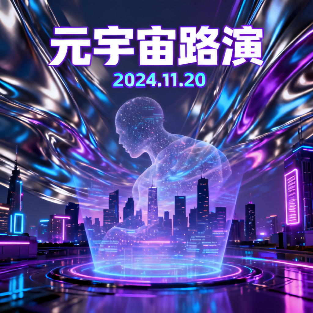 赛博朋克风格元宇宙路演PPT封面，霓虹灯光与城市剪影，金属质感与全息投影元素