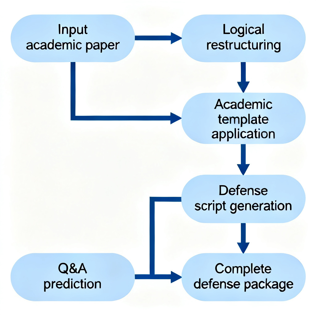 A flowchart showing the complete ChatPPT workflow: input academic paper → logical restructuring → academic template application → defense script generation → Q&A prediction, with a final output of a complete defense package.