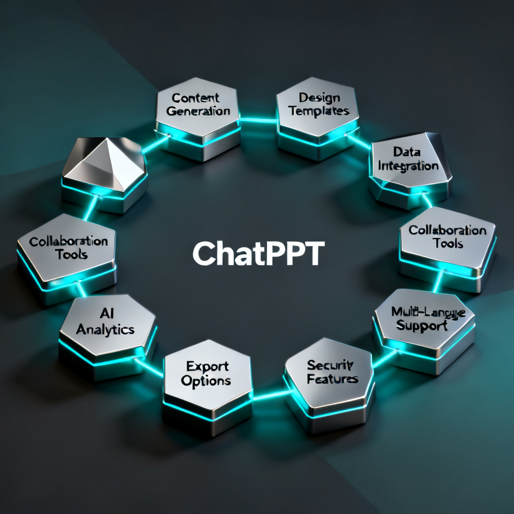 A 3D isometric illustration of ChatPPT's 8 core modules connected by glowing lines, representing an all-in-one AIPPT ecosystem, tech style.