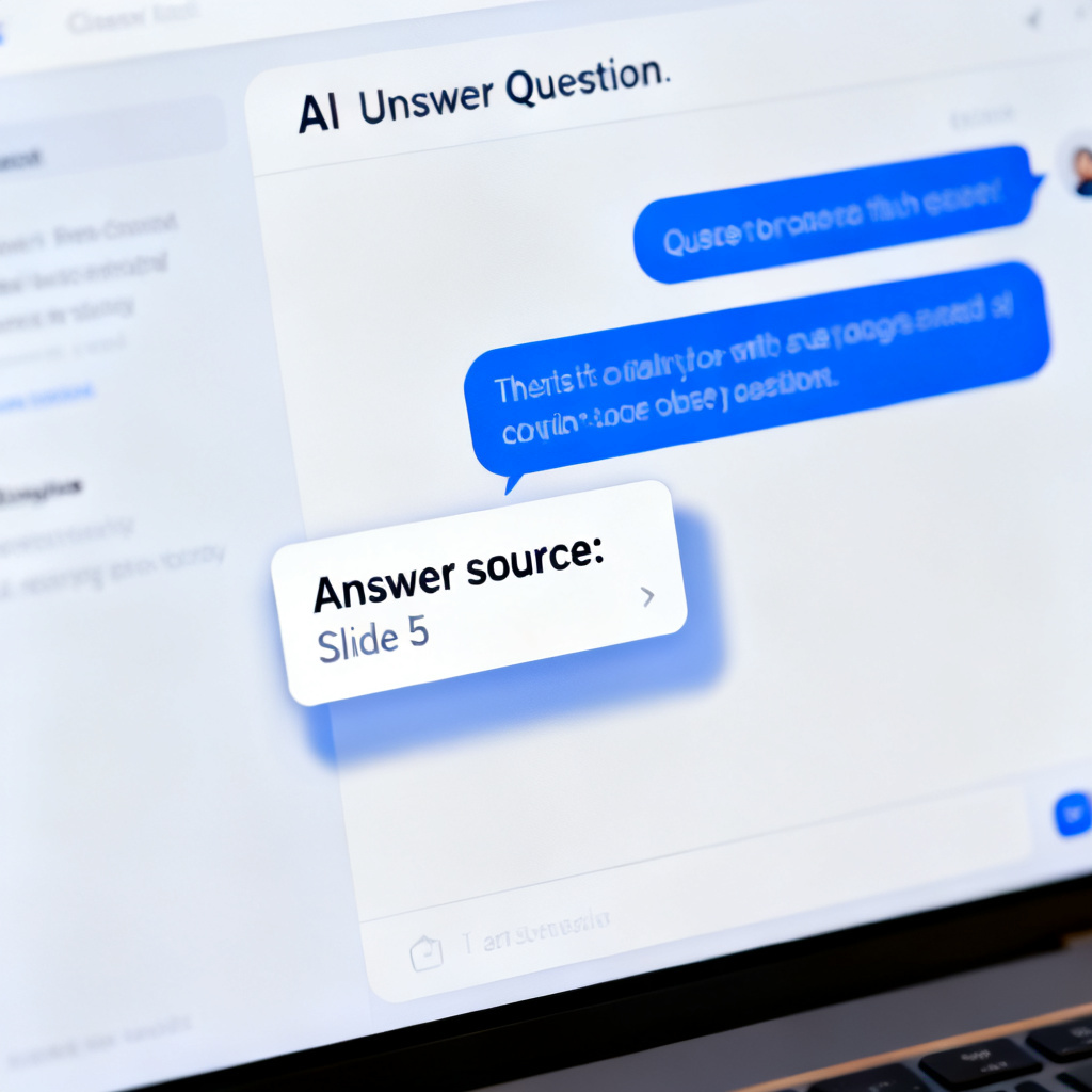 A close-up of a computer screen showing an AI chat interface, with a user question highlighted and a pop-up window indicating the answer source from slide 5, clean UI design, professional color palette