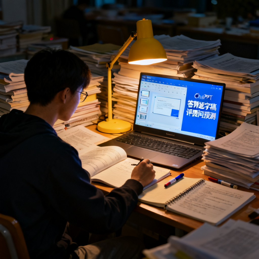 一位研究生在深夜使用ChatPPT,屏幕左侧显示PPT预览,右侧显示“答辩逐字稿”和“评委提问预测”,背景是堆满文献的书桌