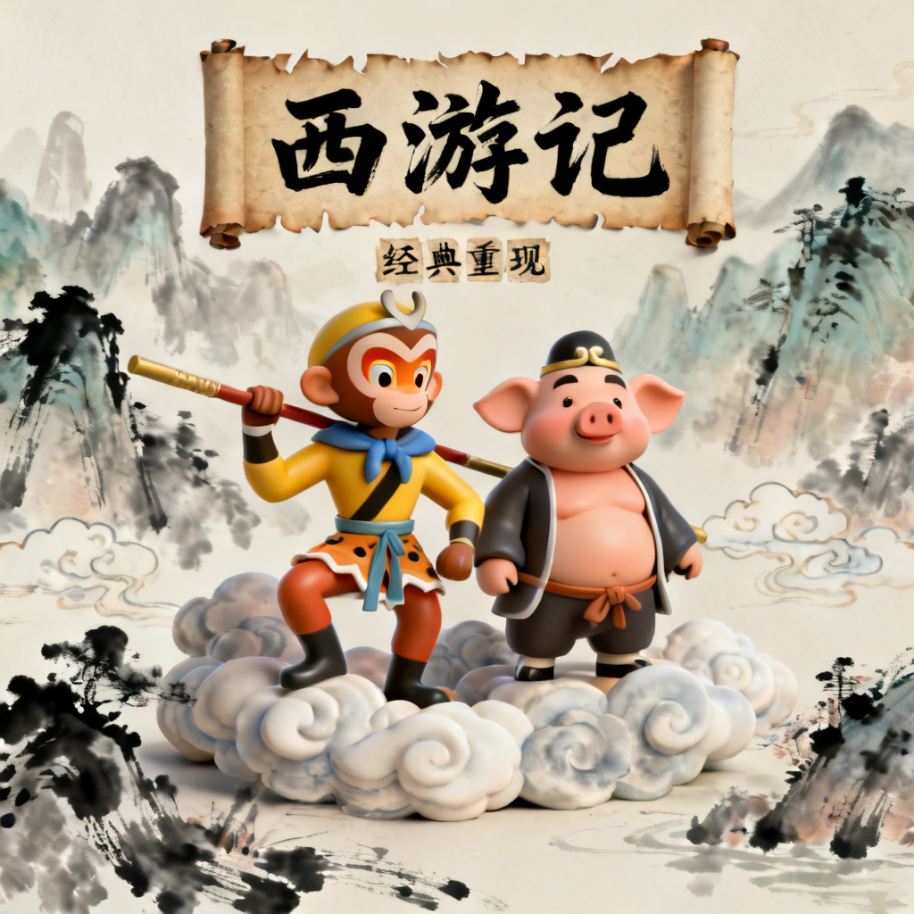3D西游记风演示幻灯片,孙悟空与猪八戒以卡通3D模型呈现,背景为水墨山水与祥云,文字框采用古卷轴样式,整体风格融合传统与立体感