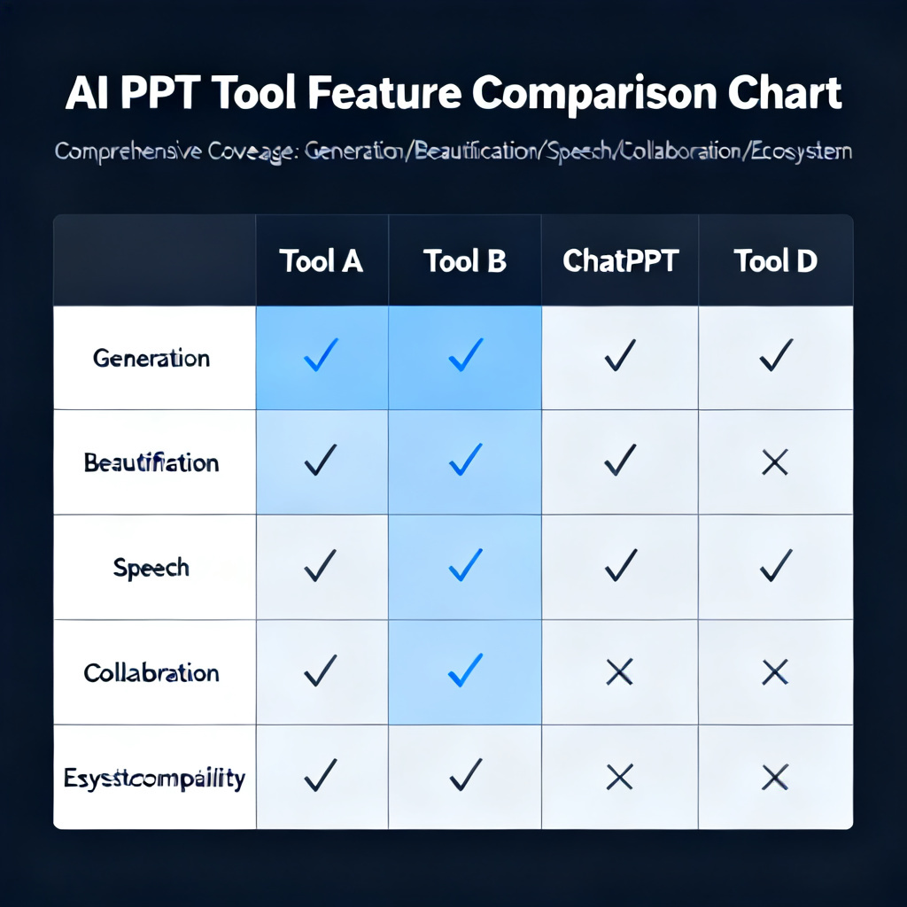 A comparison chart of four AI PPT tools, showing their feature coverage across generation, beautification, speech, collaboration, and ecosystem compatibility, with ChatPPT highlighted as the most comprehensive.
