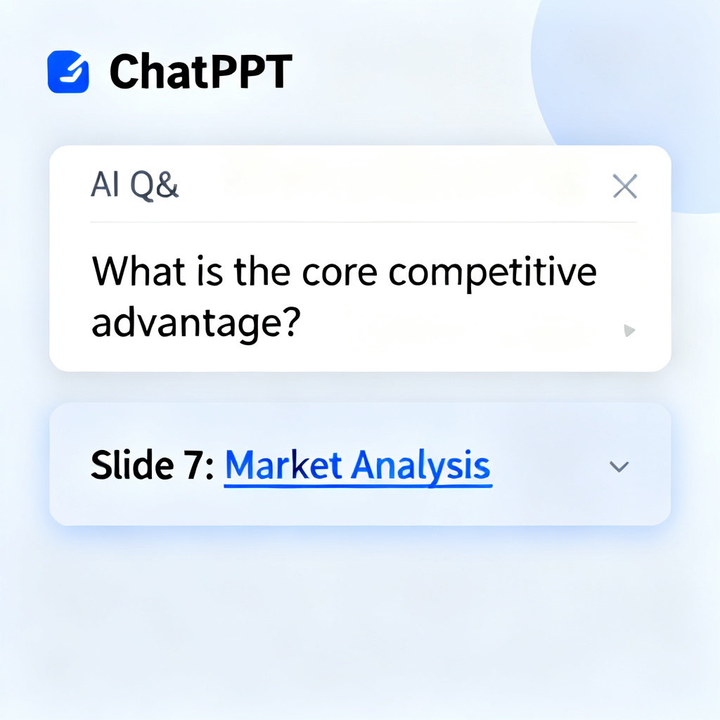 A user interface mockup showing an AI Q&A panel on a ChatPPT presentation page, where a question 'What is the core competitive advantage?' is answered with the response citing 'Slide 7: Market Analysis' with a clickable link.