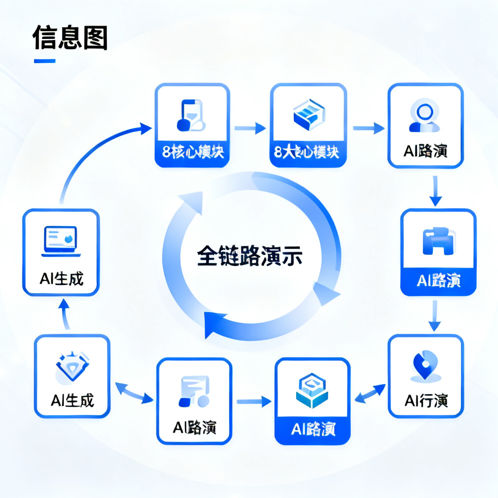 一张信息图显示ChatPPT的8大核心模块，从AI生成到AI路演形成闭环，中间标有‘全链路演示’字样