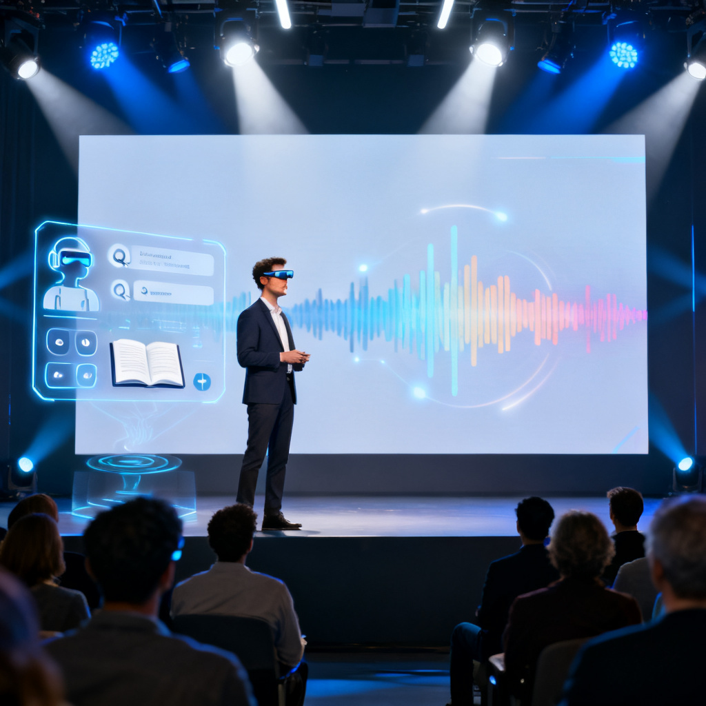A professional presenter wearing smart glasses standing on a stage, with a holographic AI assistant interface floating beside them, displaying interactive Q&A and page-turning controls. The audience is looking at a large screen showing a dynamic presentation with voice waveform animations.