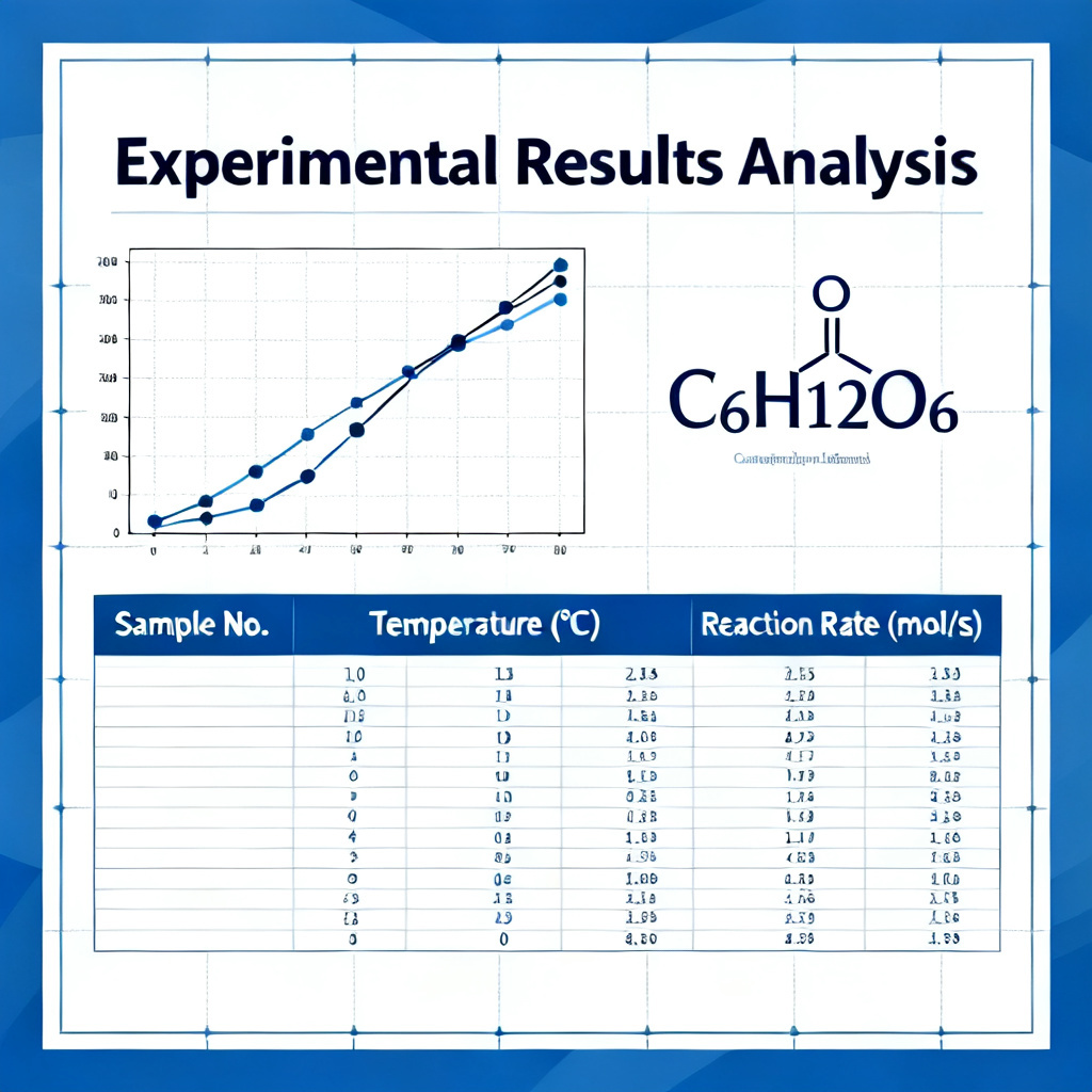 A professional academic PowerPoint slide with a complex line chart showing experimental data, a chemical formula rendered clearly, and a table with precise numbers, clean and formal design, blue and white color scheme