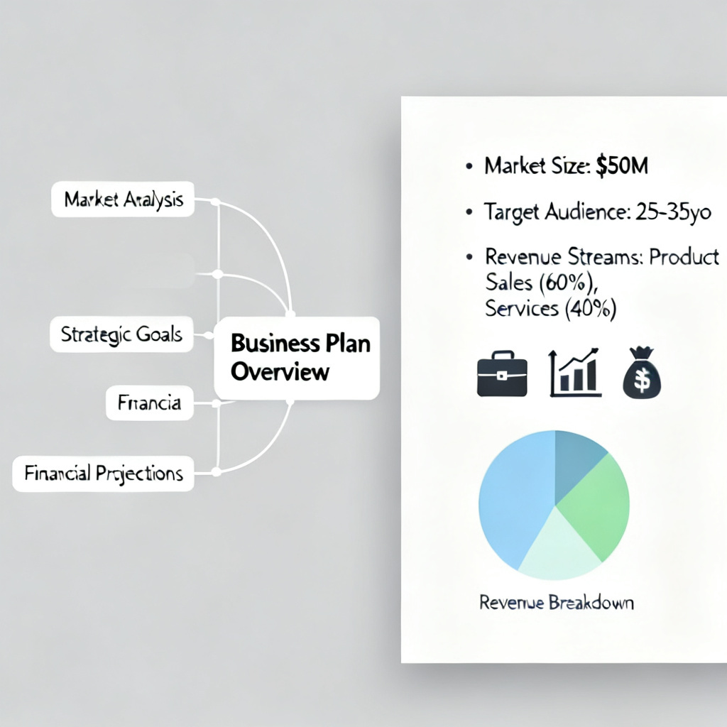 Split screen left side shows a mind map of business plan, right side shows a PowerPoint slide with corresponding bullet points, icons, and a pie chart, transitional animation effect, minimalist design