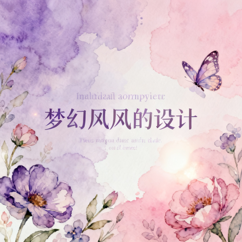梦幻水彩风PPT，淡紫色与粉色渐变背景，手绘风格的花朵与蝴蝶元素，柔光字体排版
