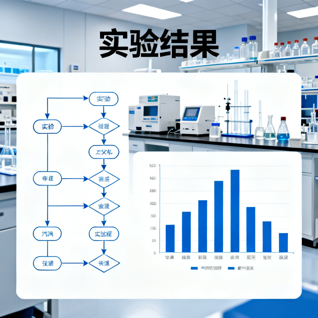 一张学术PPT幻灯片，包含清晰的实验流程图和柱状图，标题为‘实验结果’，背景为实验室环境