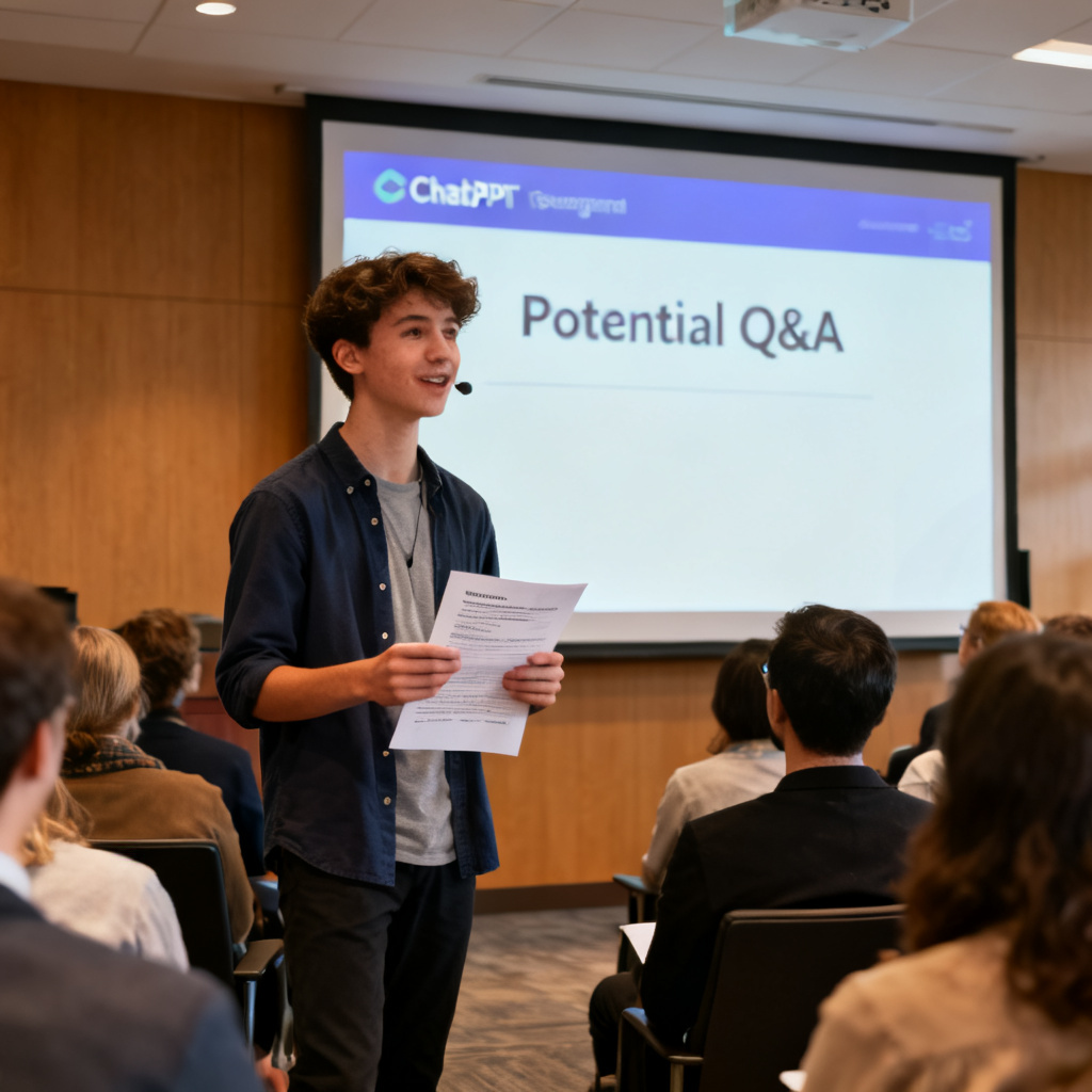 A student standing confidently in front of a presentation screen, holding a printed speech script, while the screen shows a ChatPPT-generated slide with 'Potential Q&A' section. The audience looks engaged. Style: realistic, positive, conference room setting.