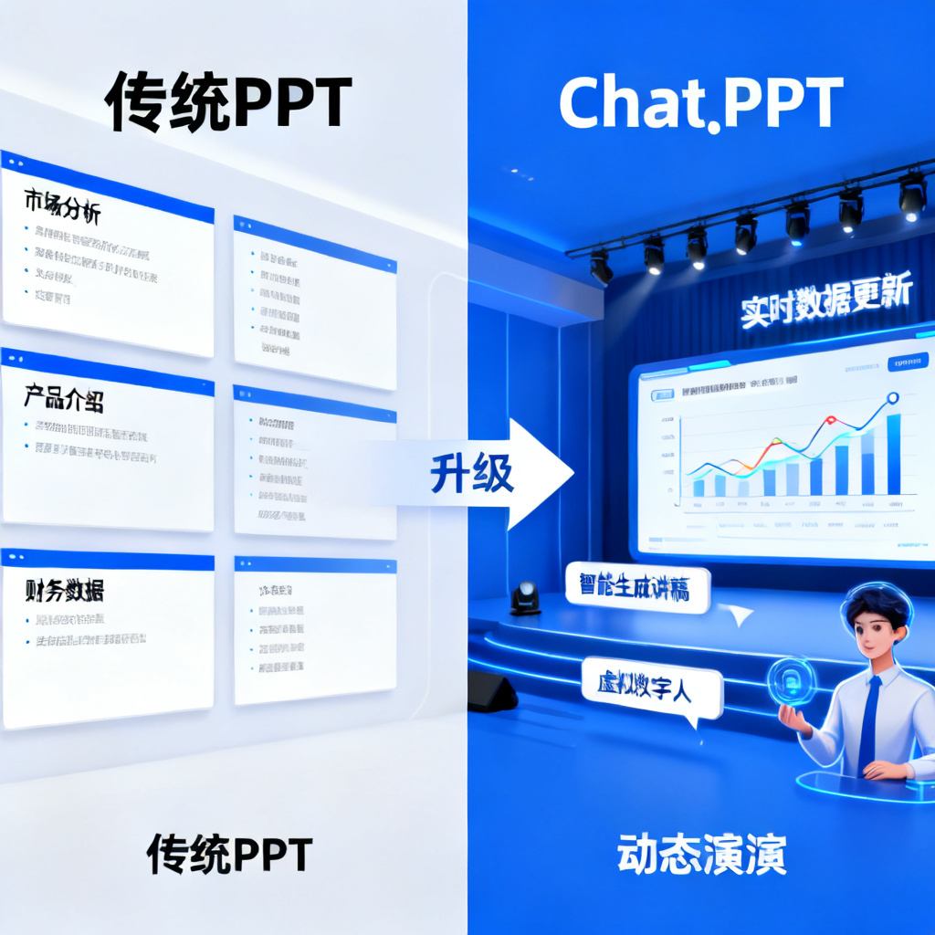 一张对比图，左边显示传统PPT工具（静态幻灯片+干瘪要点），右边显示ChatPPT（动态路演+智能讲稿+数字人），中间用箭头表示升级