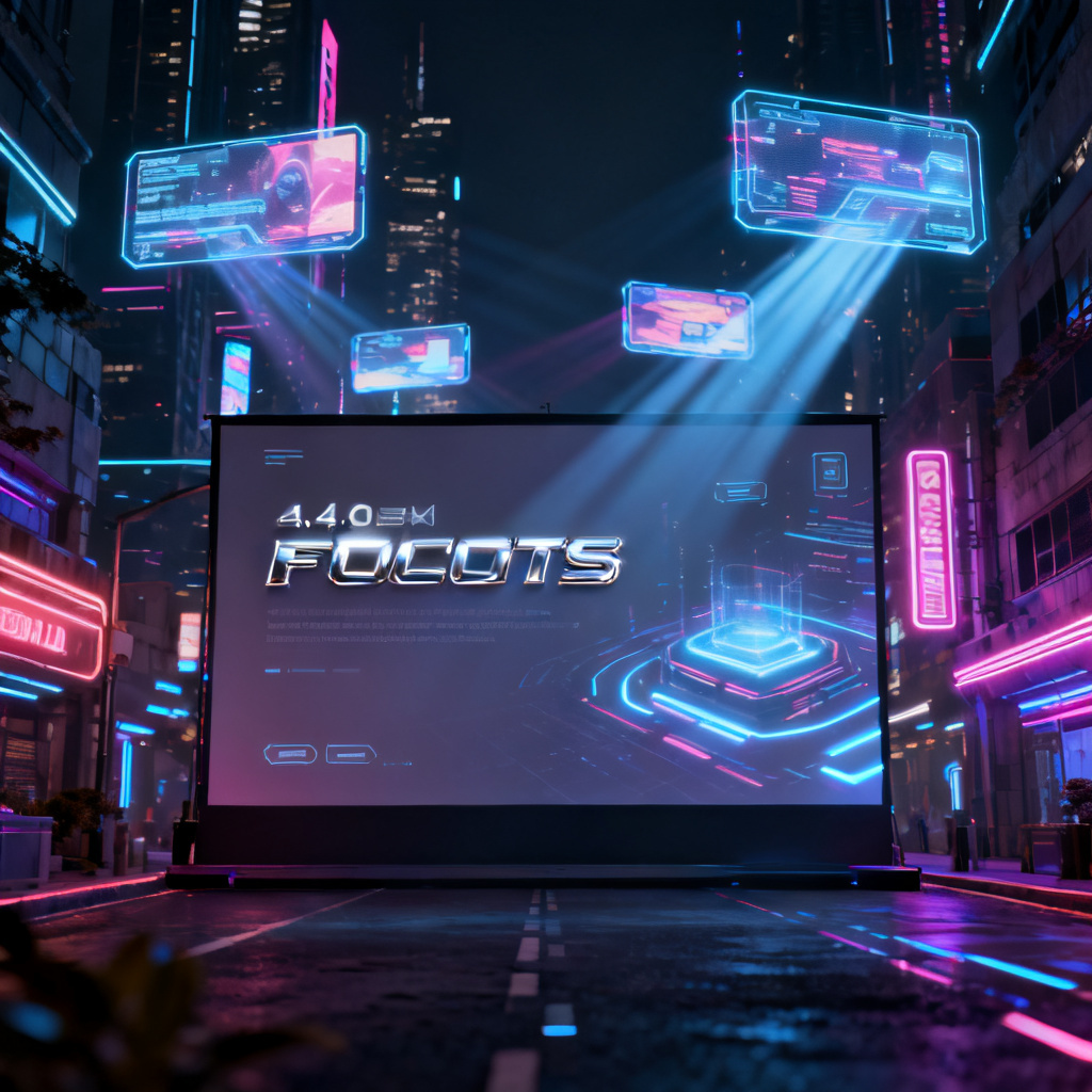 A futuristic cyberpunk cityscape at night, holographic billboards floating above neon-lit streets, a sleek presentation slide with metallic fonts and glowing UI elements, style: cyberpunk, 4K, high detail, cinematic lighting