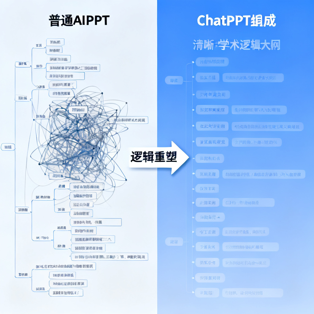 两幅对比图：左侧是普通AI工具生成的逻辑混乱的PPT大纲，右侧是ChatPPT生成的清晰学术逻辑大纲，箭头指向右侧，标注“逻辑重塑”，信息图表风格