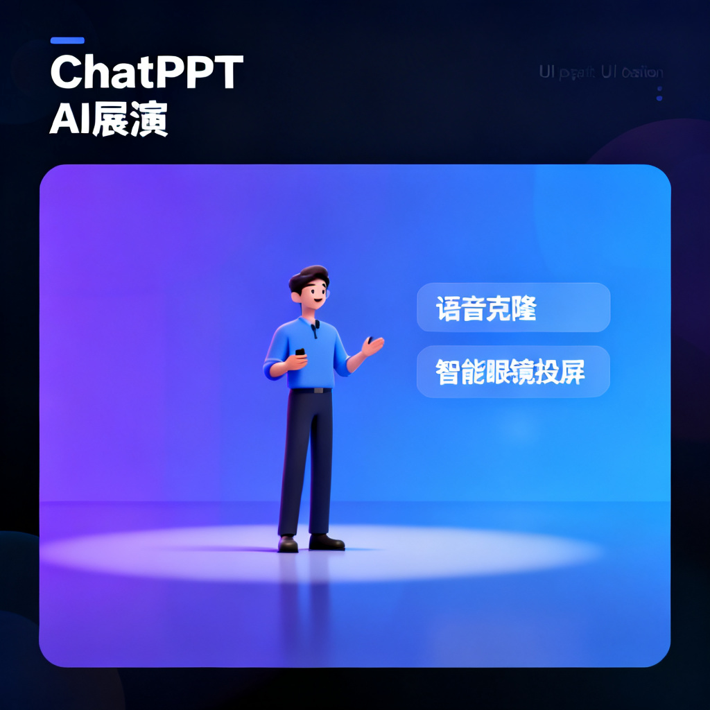 ChatPPT的AI路演界面，一个数字人正在演讲，旁边显示语音克隆和智能眼镜投屏选项