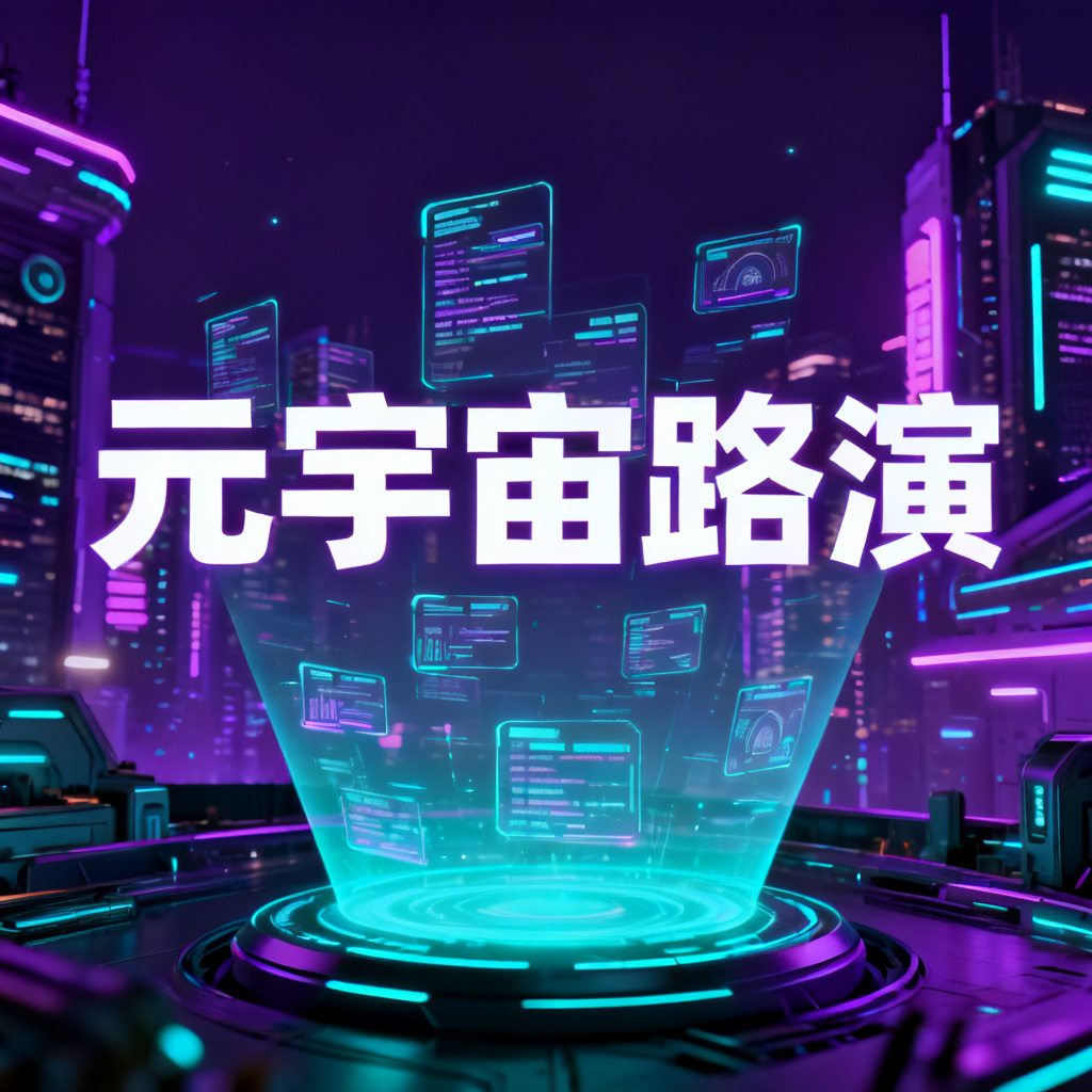 赛博朋克风格元宇宙路演PPT封面,霓虹灯光,未来城市,全息投影数据流,深紫色与青色主色调