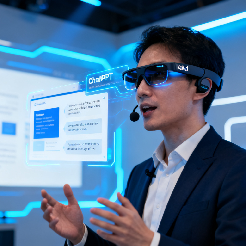 A futuristic scene of a presenter wearing Rokid smart glasses, with the ChatPPT presentation slides and speech text seamlessly displayed in the glasses' view, while the presenter speaks naturally hands-free.