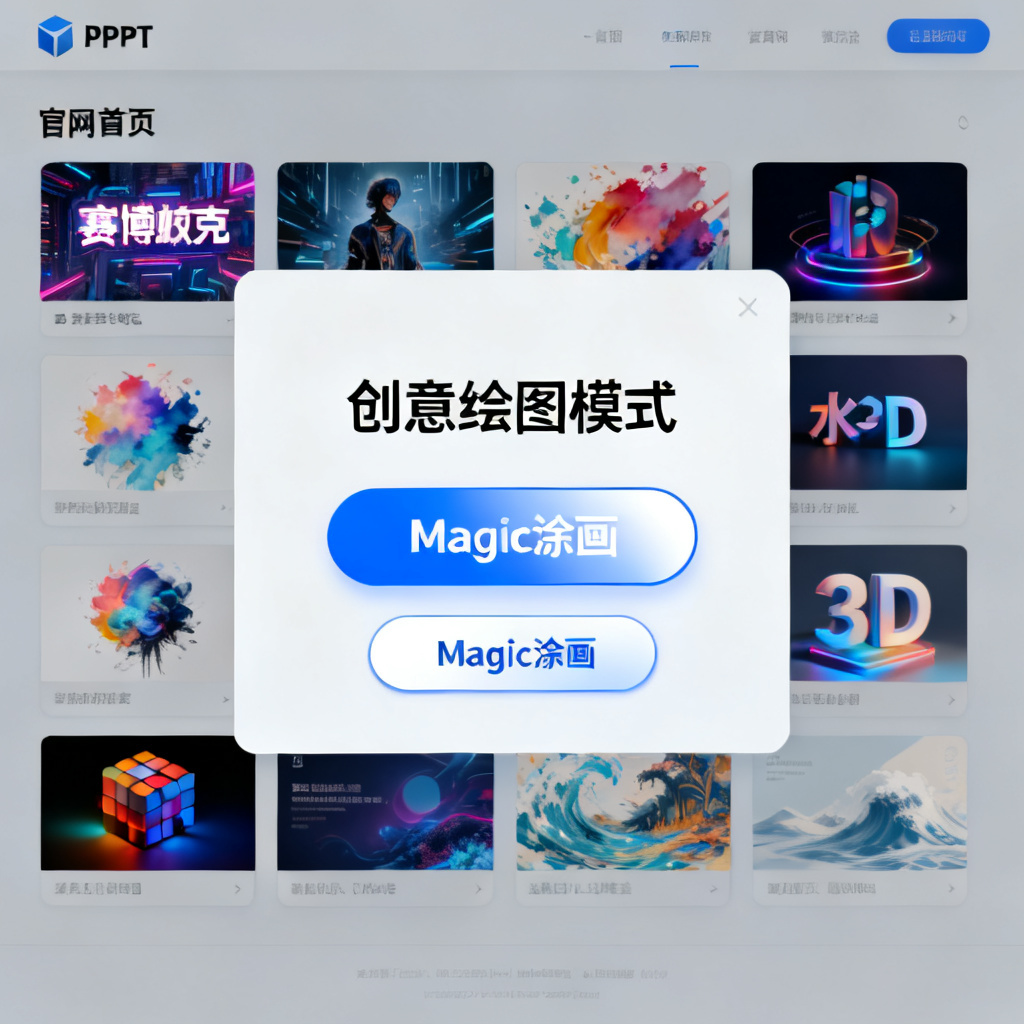 一张Chatppt.cn官网首页截图，突出显示“创意绘图模式”和“Magic涂画”功能按钮，背景为多种风格PPT缩略图，包括赛博朋克、水彩、3D等，整体界面简洁现代。