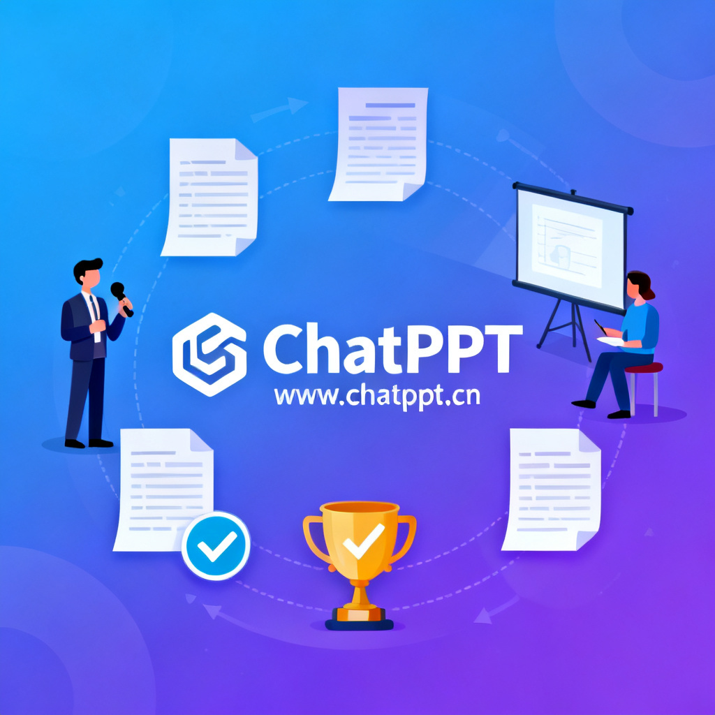 ChatPPT的logo（www.chatppt.cn）放在中央，周围环绕论文、答辩场景和成功图标，背景为渐变色
