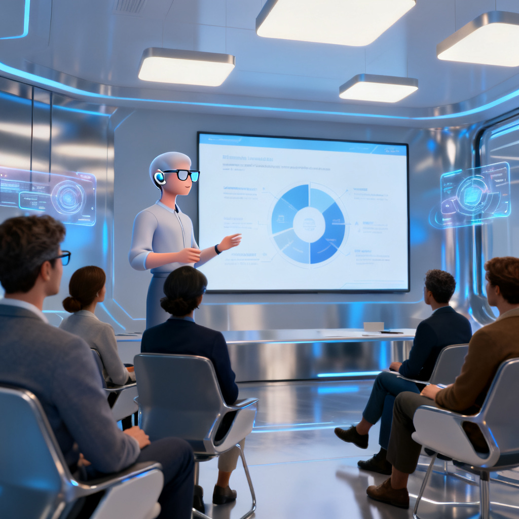 A digital human avatar presenting a slide show on a large screen, with a subtle earpiece and smart glasses, audience members looking engaged, futuristic meeting room, soft blue and white tones, cinematic lighting, photorealistic.