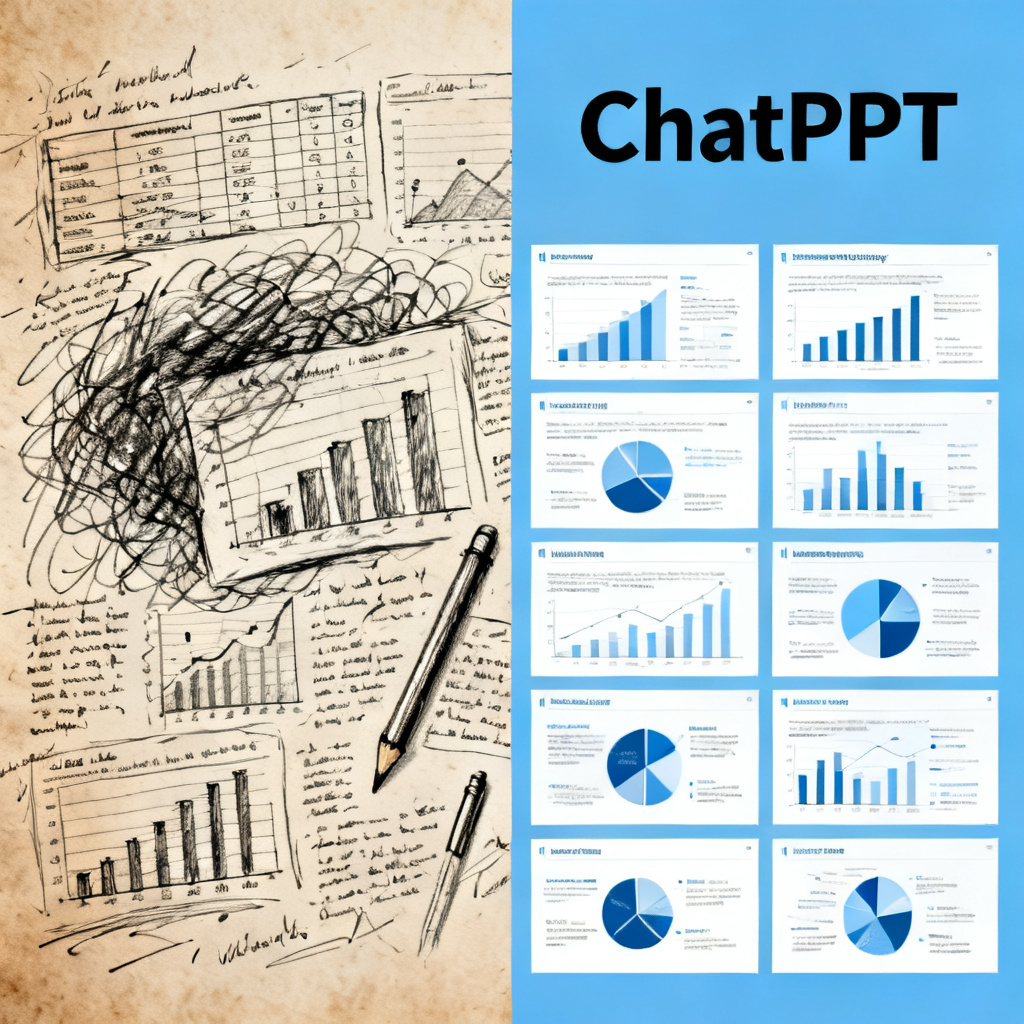 Split screen comparison: left side shows a messy, hand-drawn PPT with chaotic data and illegible text; right side shows a clean, professional academic PPT with precise charts and clear structure, labeled "ChatPPT"