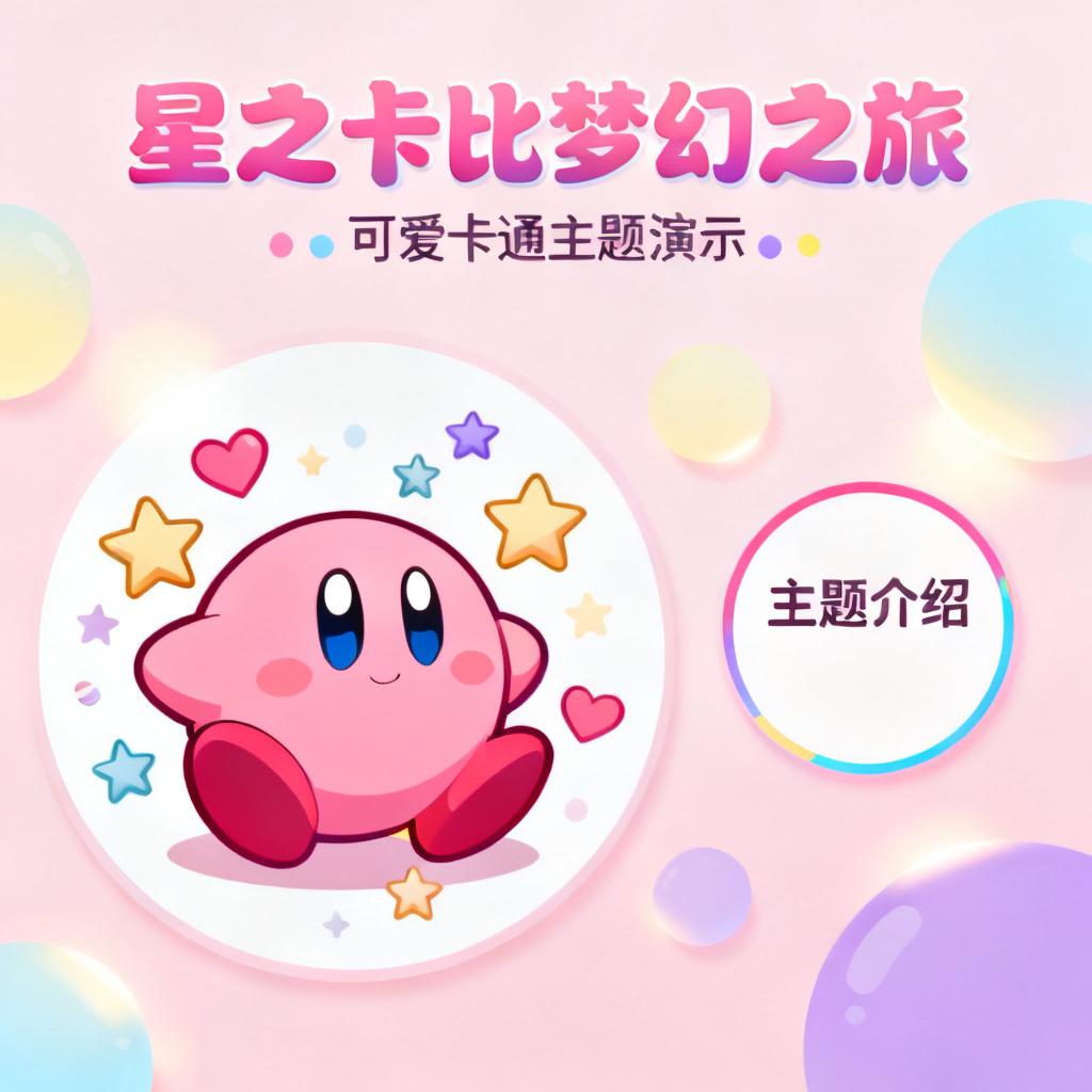 星之卡比风格的可爱卡通演示幻灯片，粉色调，柔和光影，圆形元素与糖果色搭配，营造梦幻氛围